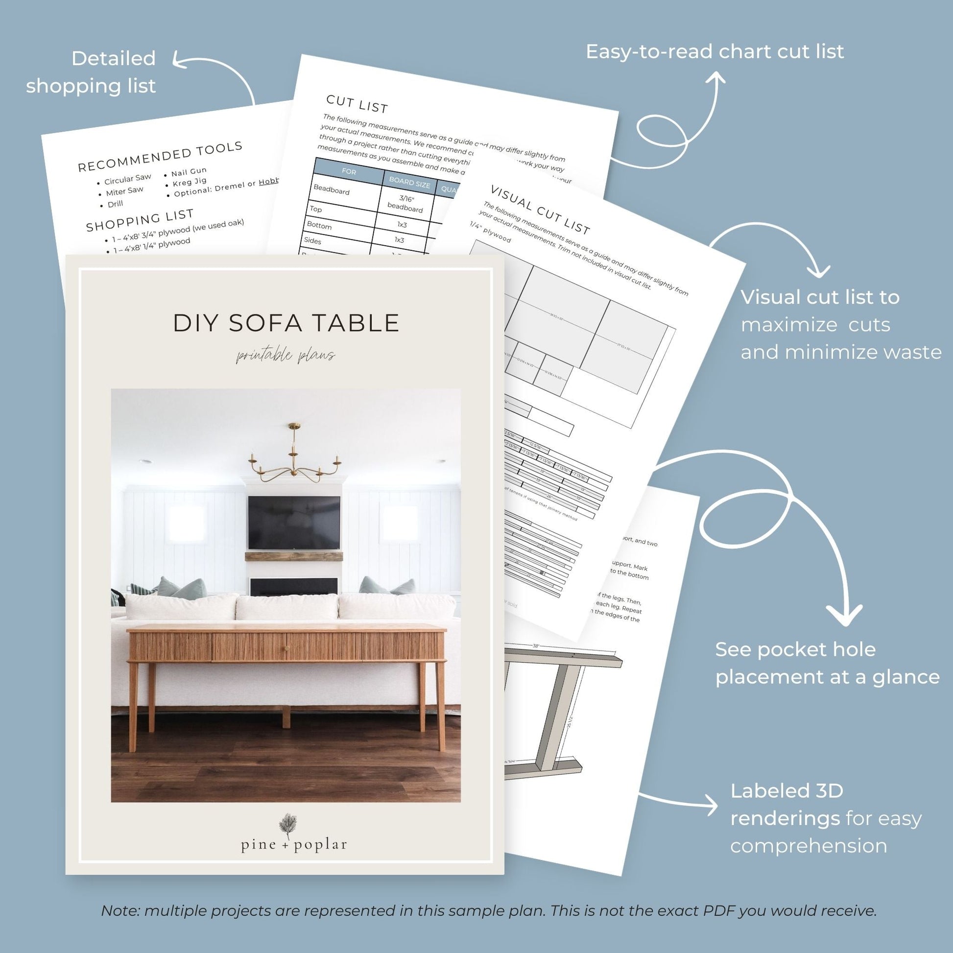 Preview pages of DIY printable project plans showing cut lists, 3D renderings, and detailed shopping list