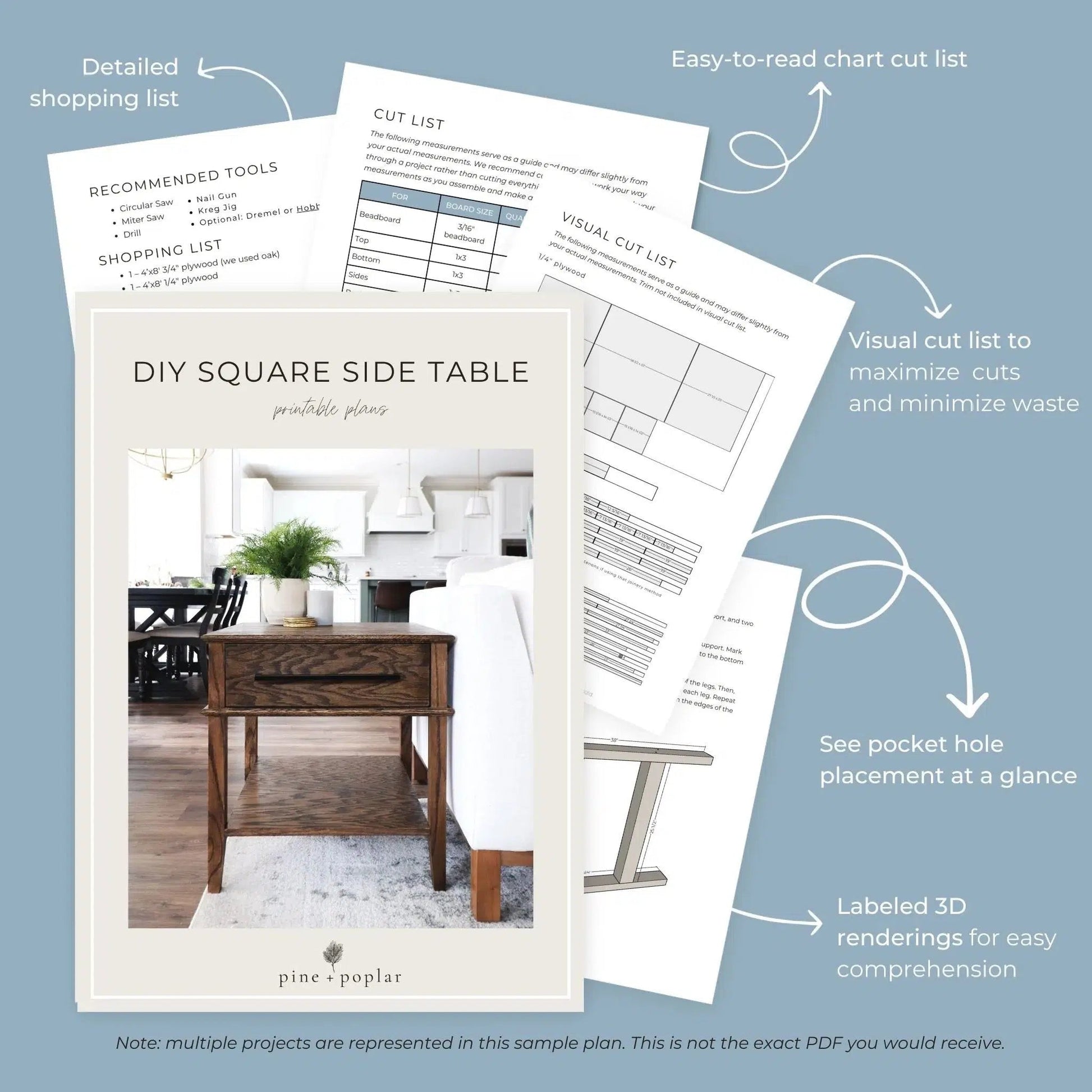 Preview pages of DIY printable project plans showing cut lists, 3D renderings, and detailed shopping list