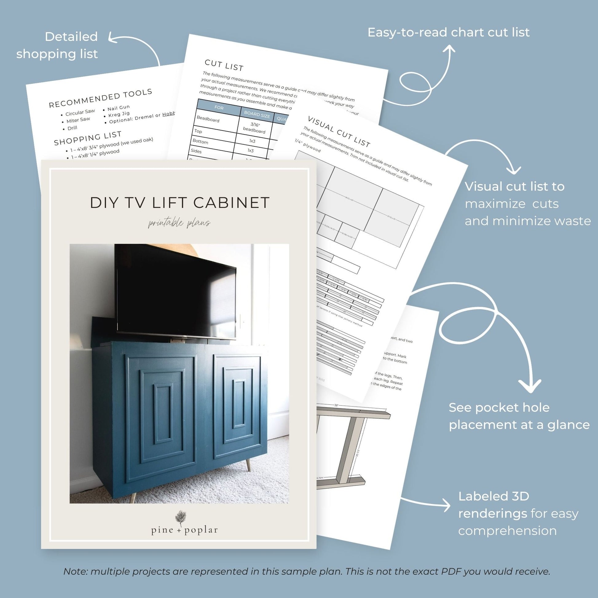 Preview pages of DIY printable project plans showing cut lists, 3D renderings, and detailed shopping list