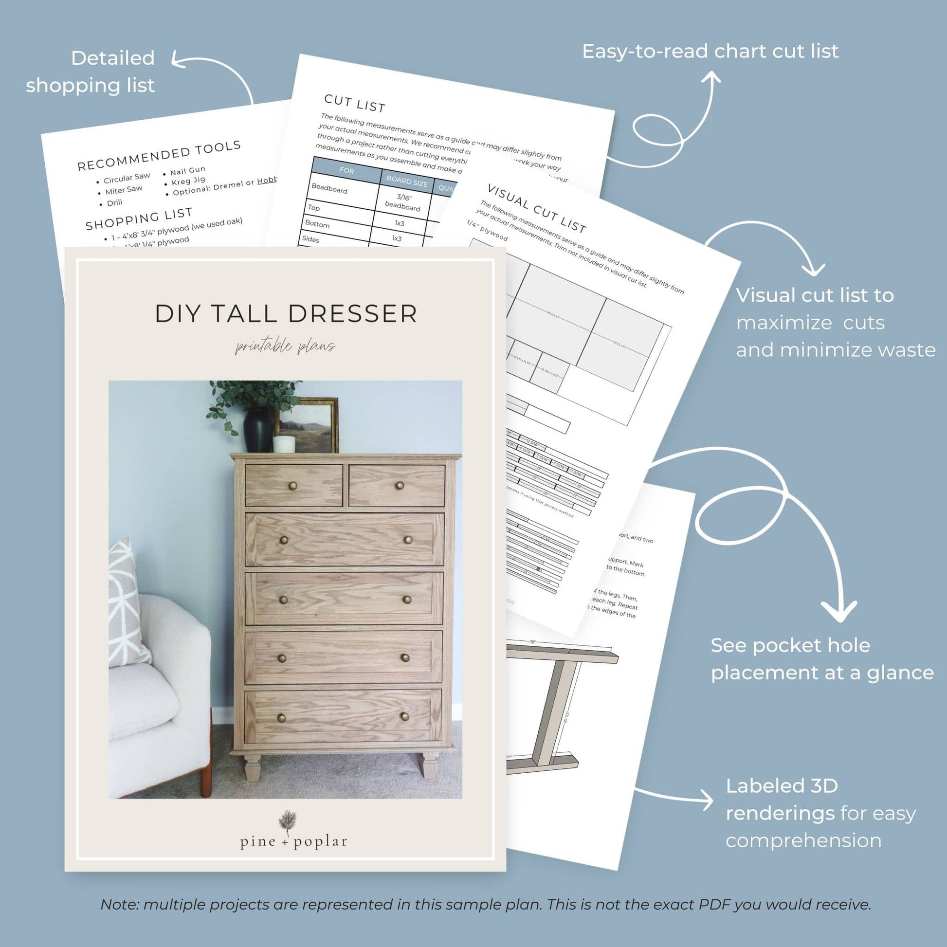 Preview pages of DIY printable project plans showing cut lists, 3D renderings, and detailed shopping list