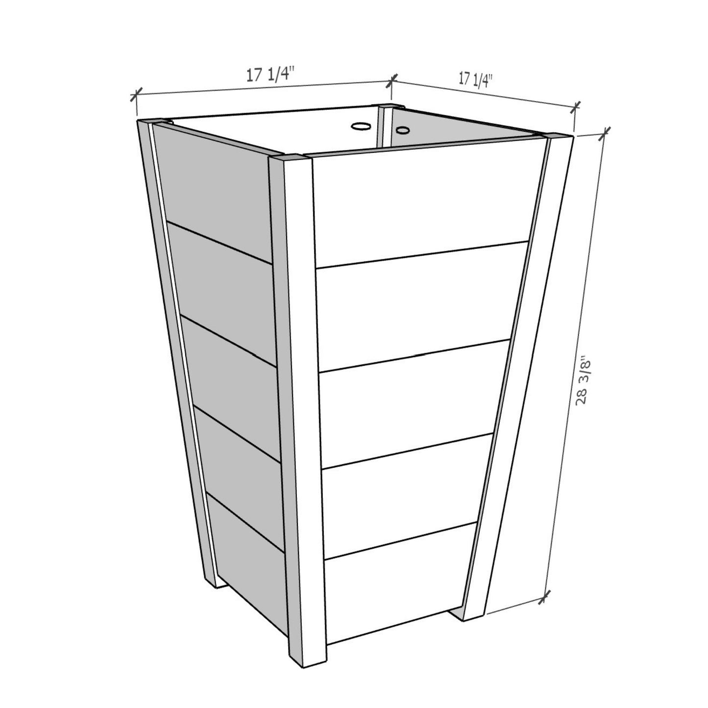 3D rendering of Tall Tapered Planters with dimensions