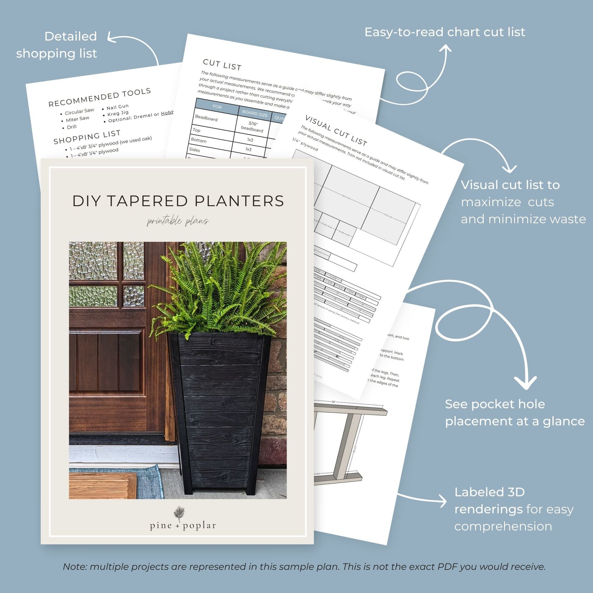 Preview pages of DIY printable project plans showing cut lists, 3D renderings, and detailed shopping list