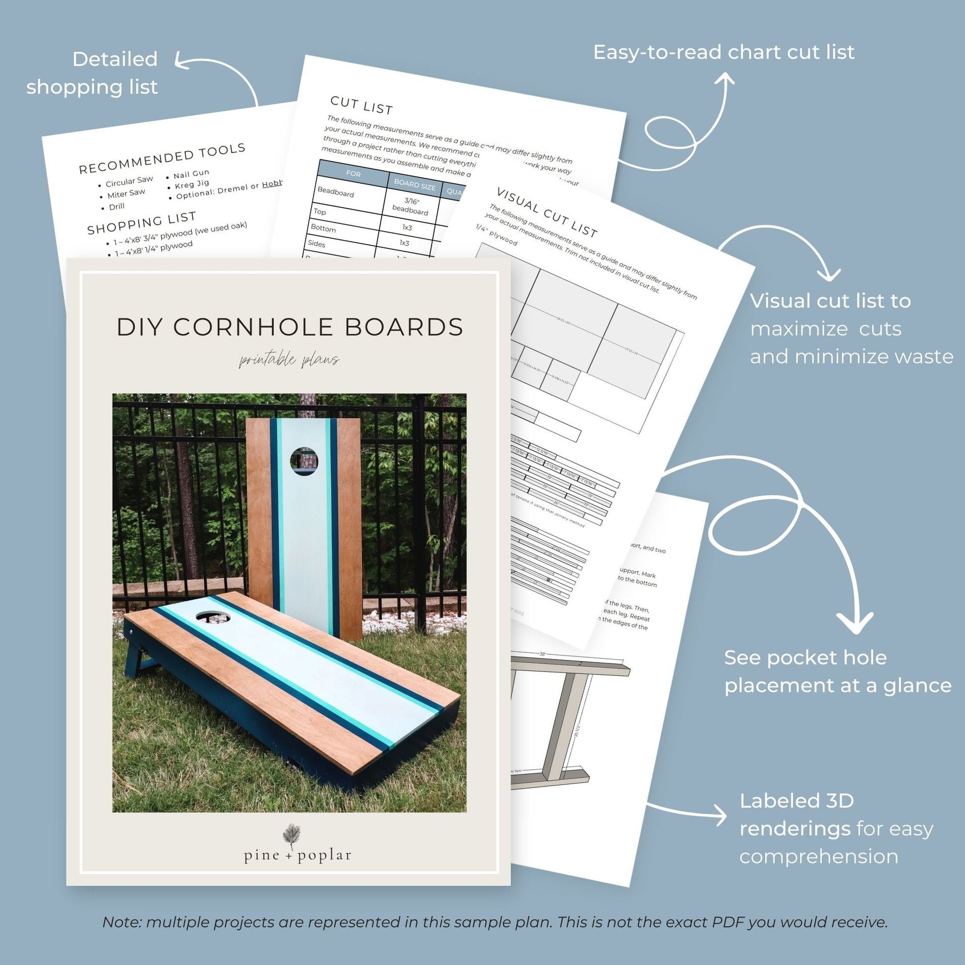 Preview pages of DIY printable project plans showing cut lists, 3D renderings, and detailed shopping list