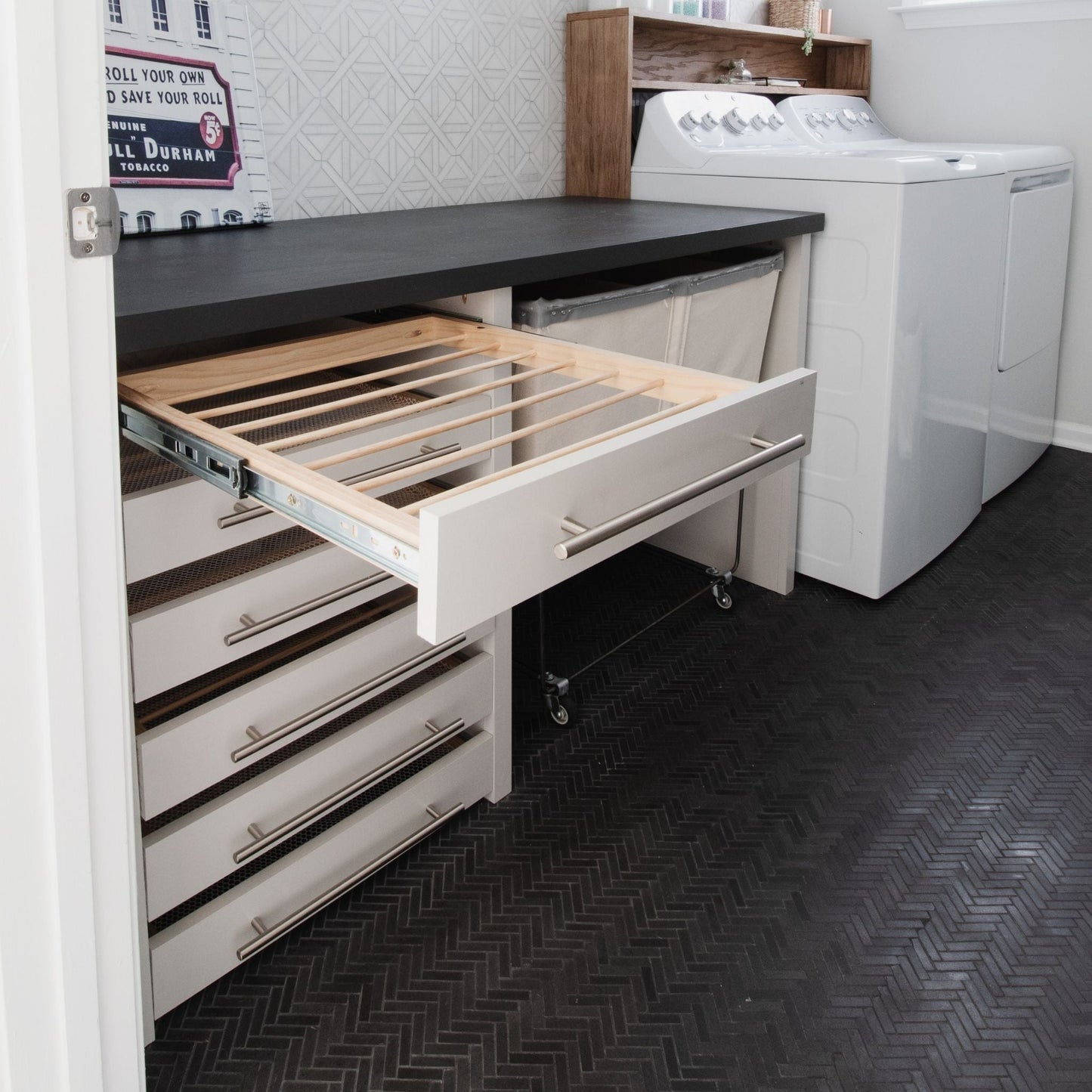 The Ultimate Laundry Folding Station with drying rack drawer pulled out