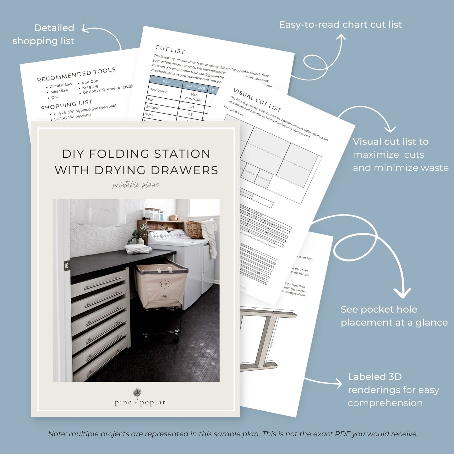 Preview pages of DIY printable project plans showing cut lists, 3D renderings, and detailed shopping list