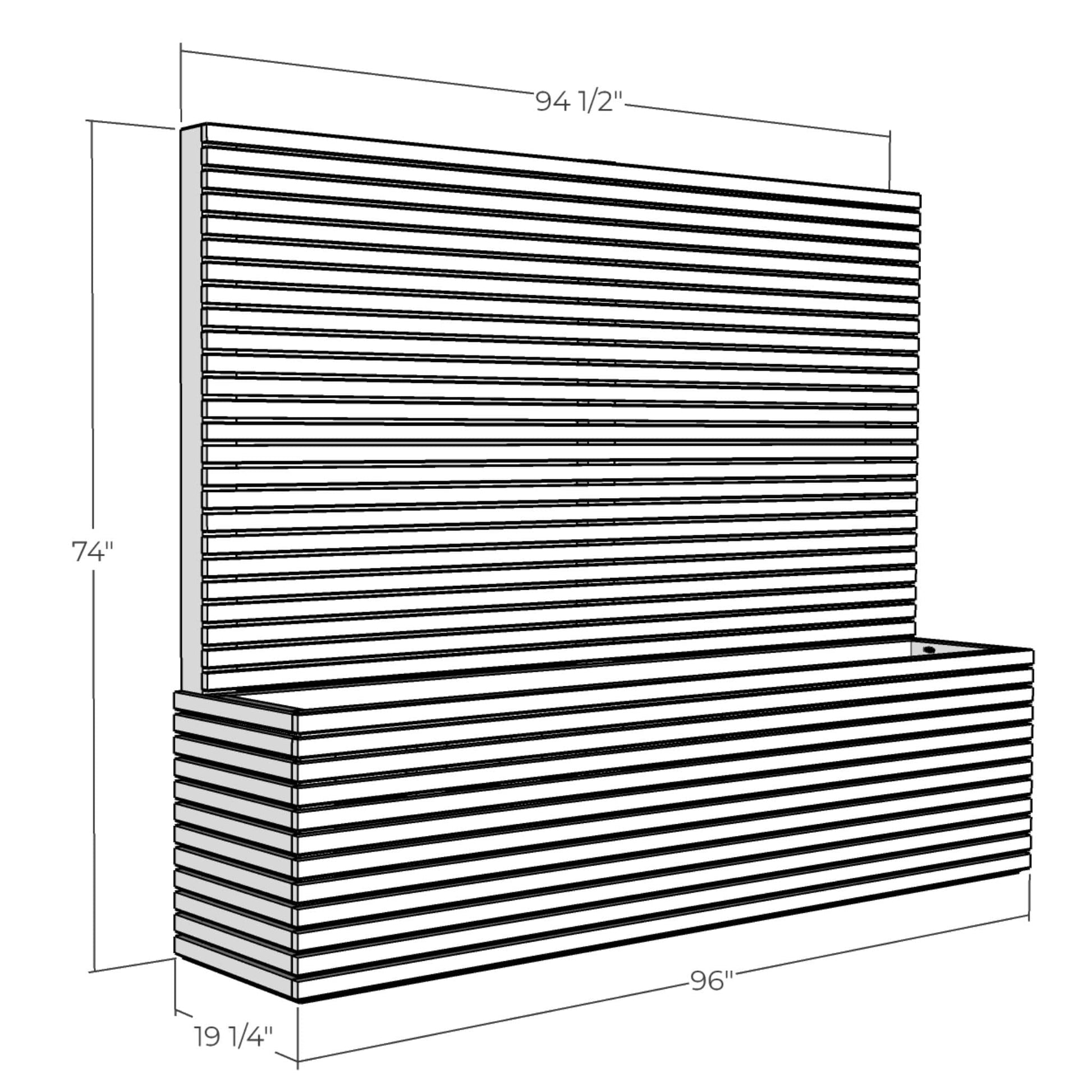 3D rendering of Wood Slat Privacy Screen with Planter with dimensions