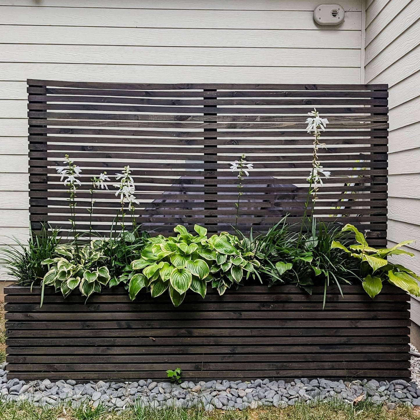 Wood Slat Privacy Screen with Planter stained with plants