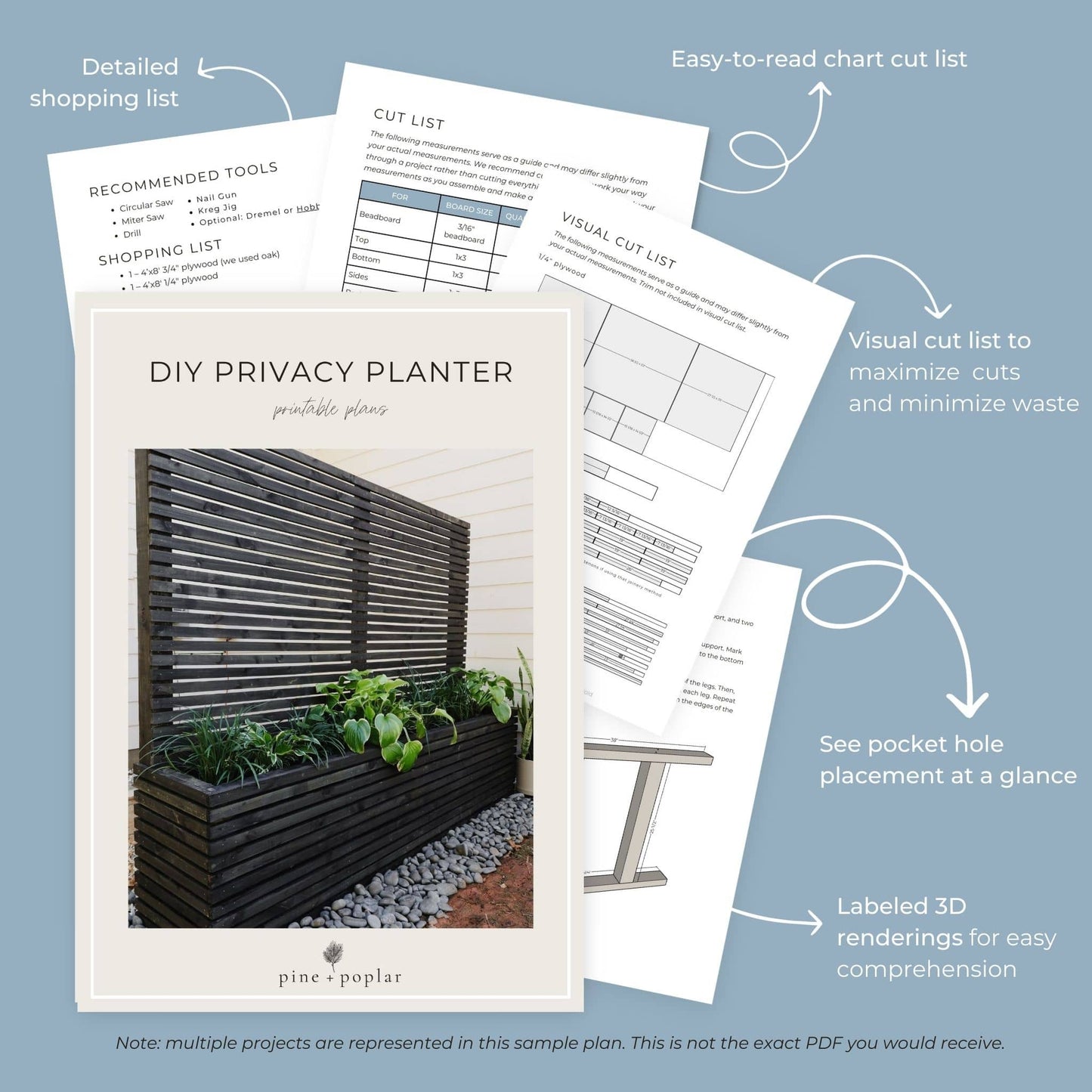 Preview pages of DIY printable project plans showing cut lists, 3D renderings, and detailed shopping list