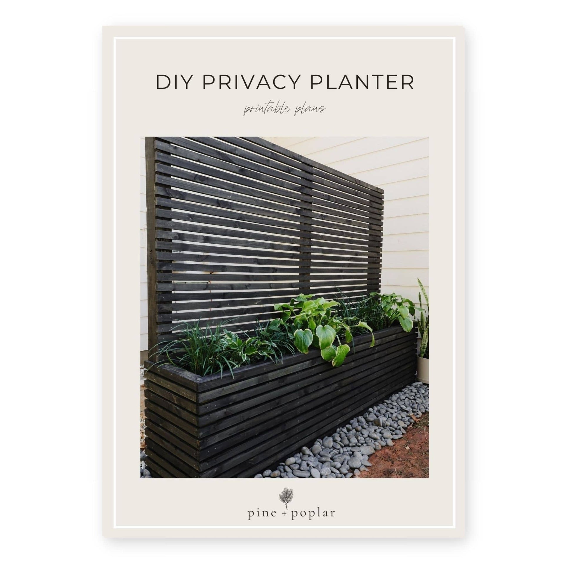 A printable plan for creating a Wood Slat Privacy Screen with a Planter, perfect for adding privacy and greenery to your space.