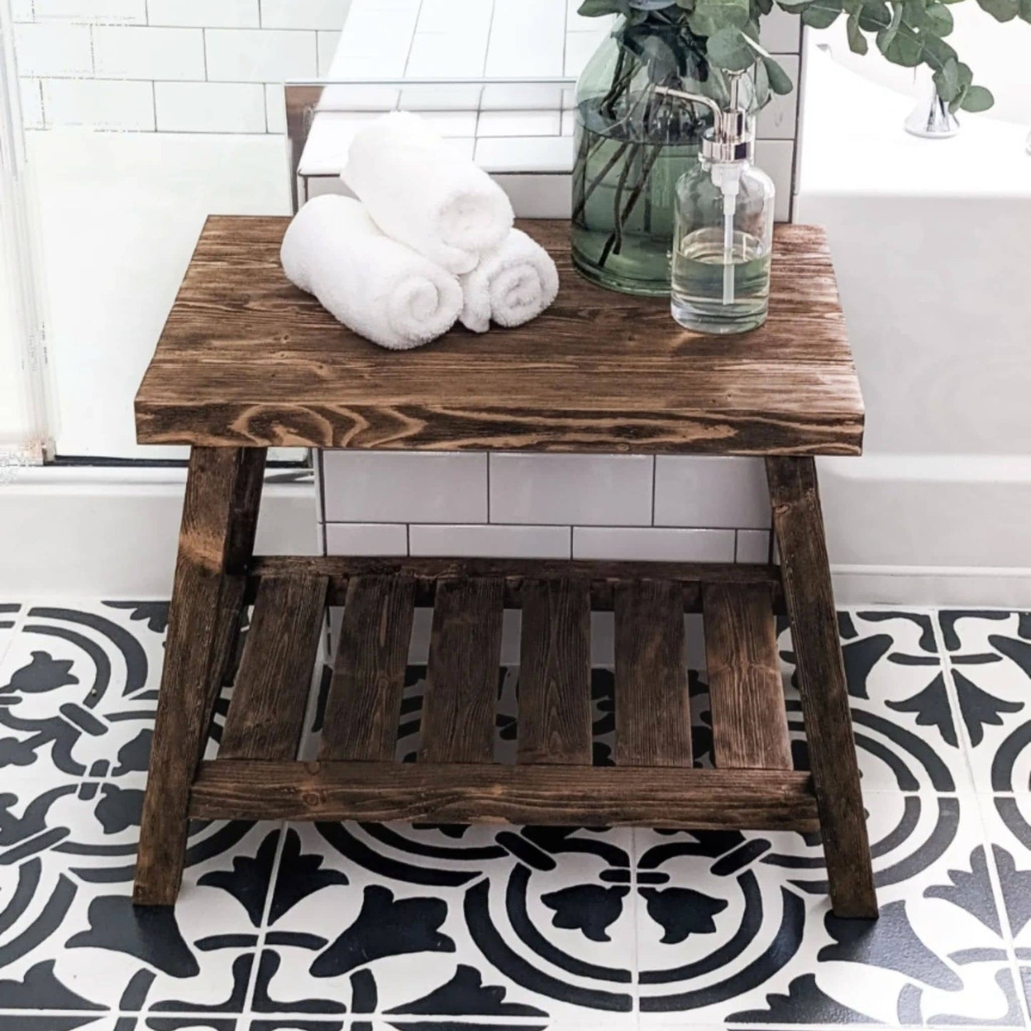 Wood Stool stained and decorated in bathroom