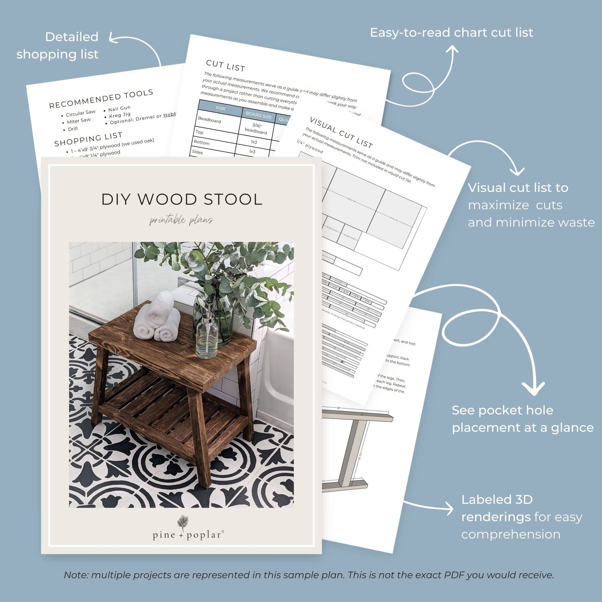 Preview pages of DIY printable project plans showing cut lists, 3D renderings, and detailed shopping list