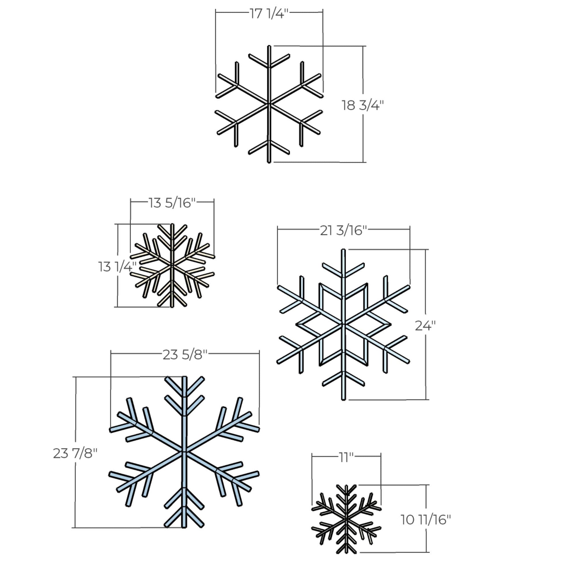 3D rendering of Wooden Snowflakes with dimensions