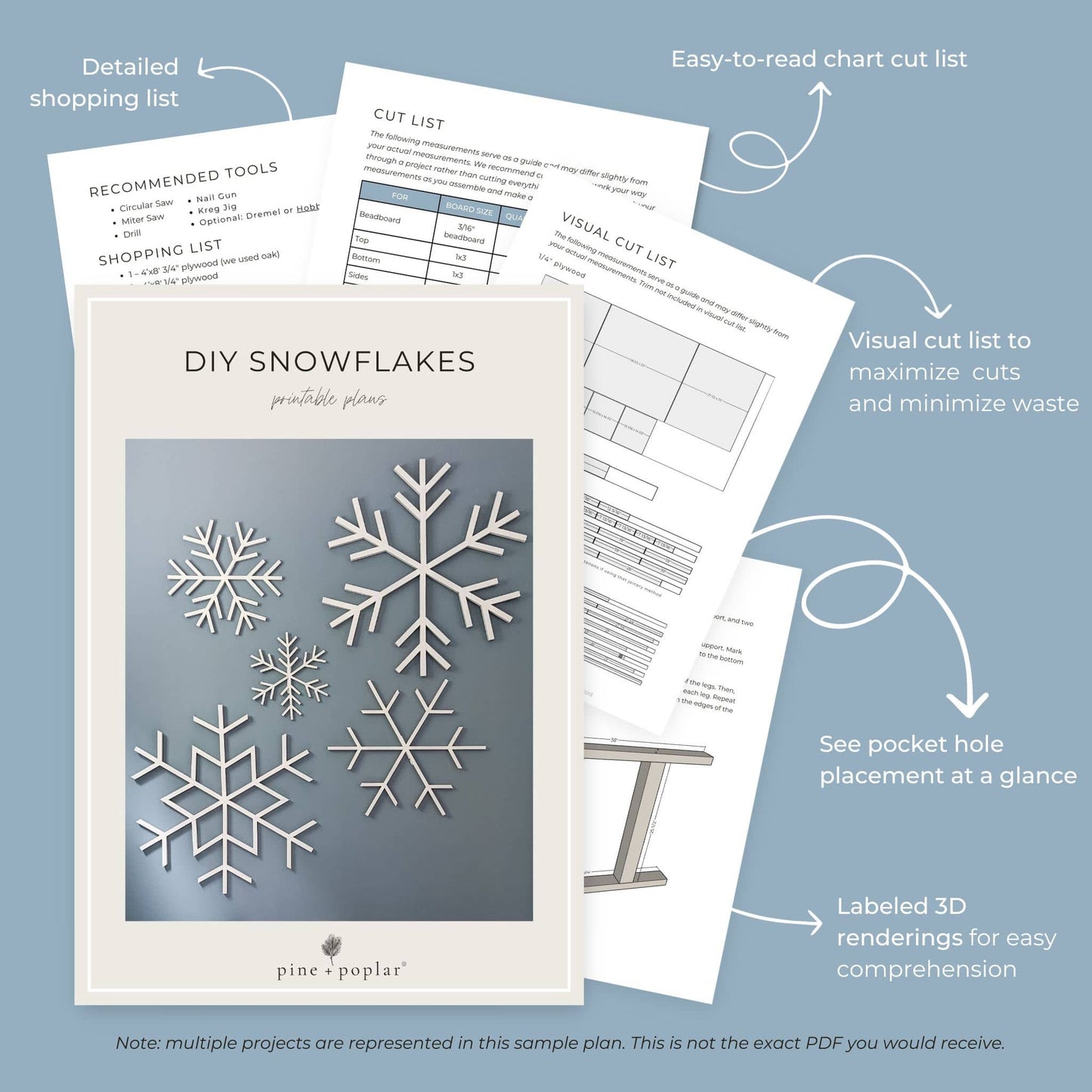 Preview pages of DIY printable project plans showing cut lists, 3D renderings, and detailed shopping list