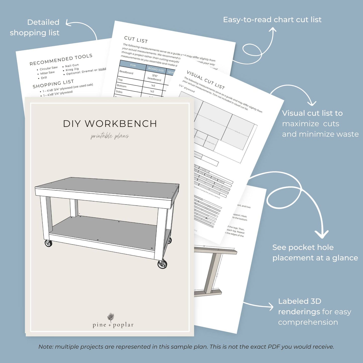 Preview pages of DIY printable project plans showing cut lists, 3D renderings, and detailed shopping list