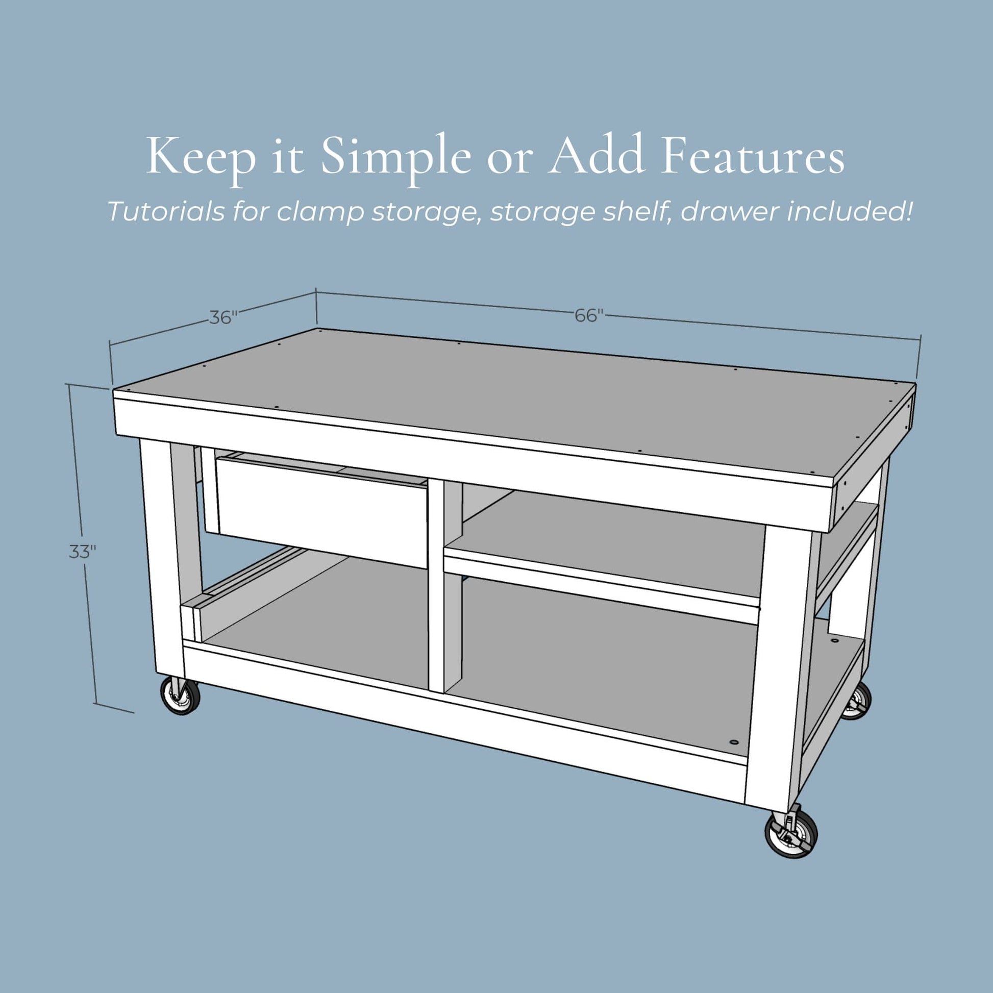 3D rendering of Workbench with dimensions with additional features