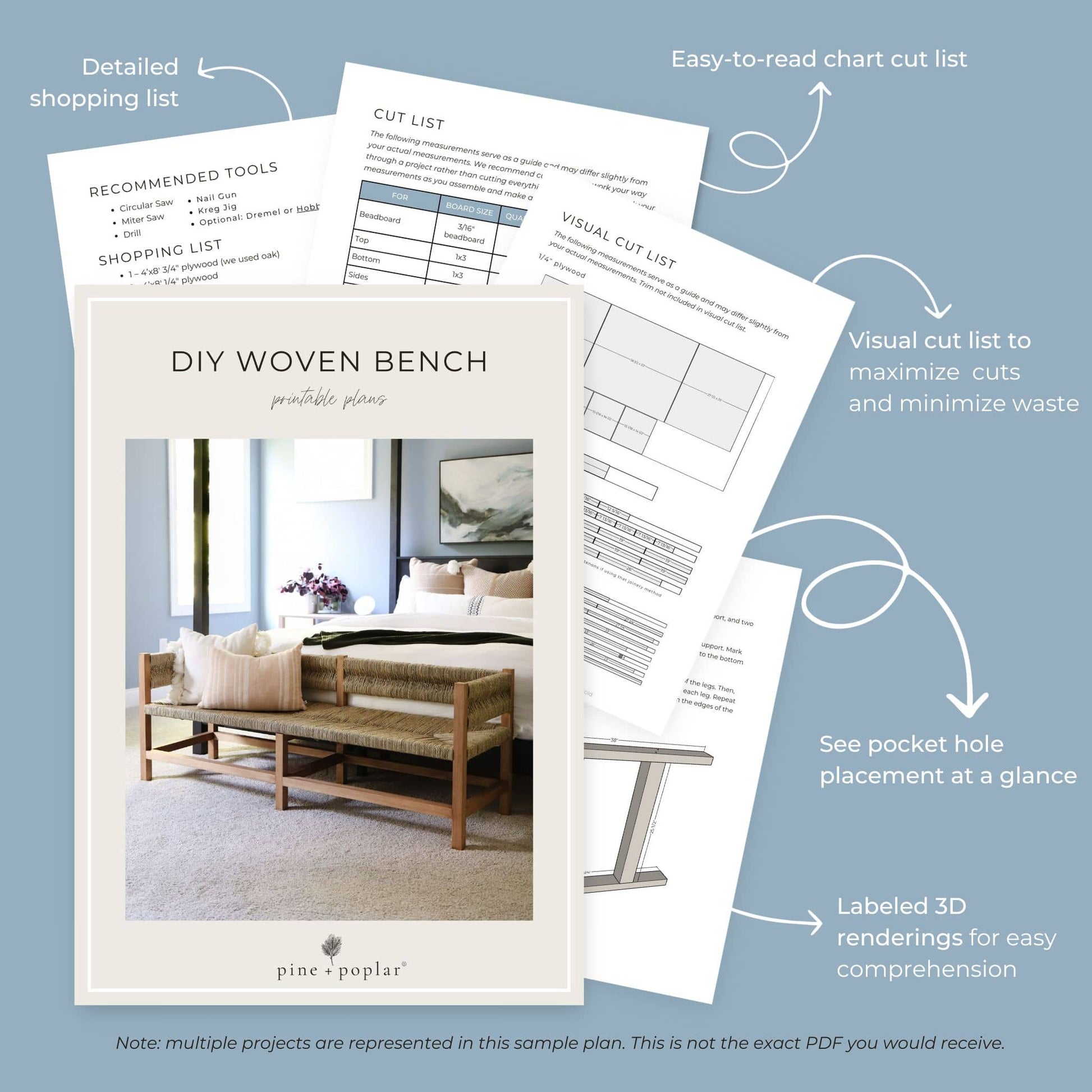 Preview pages of DIY printable project plans showing cut lists, 3D renderings, and detailed shopping list