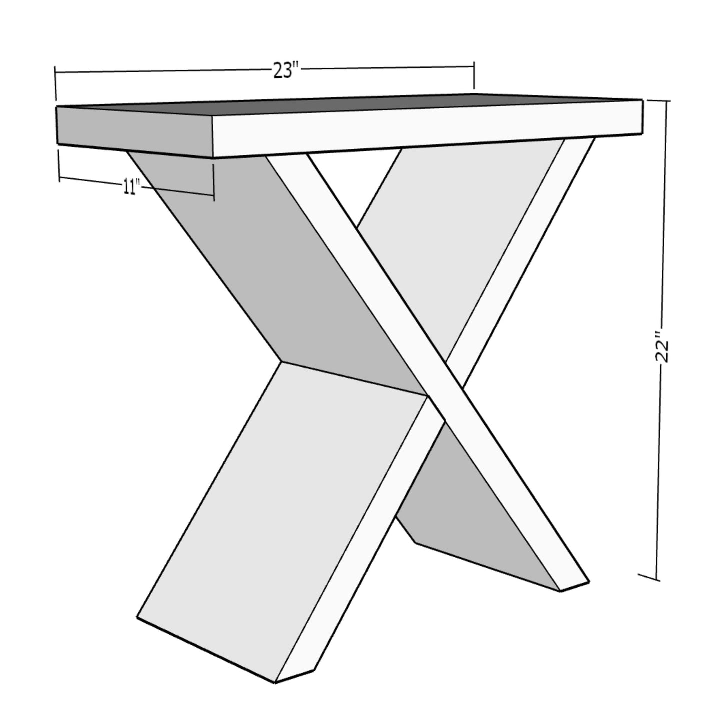 3D rendering of X-Side Table with dimensions