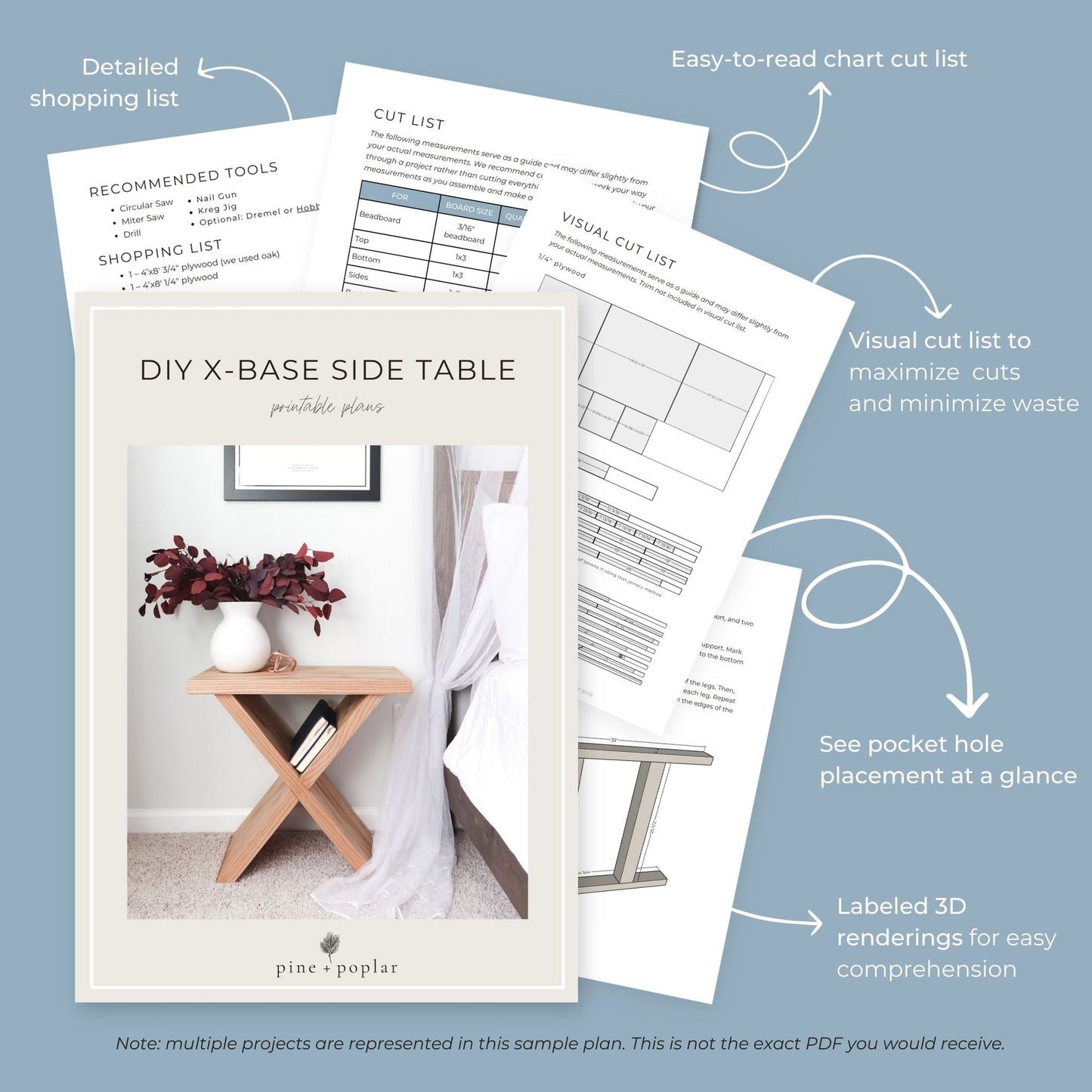 Preview pages of DIY printable project plans showing cut lists, 3D renderings, and detailed shopping list